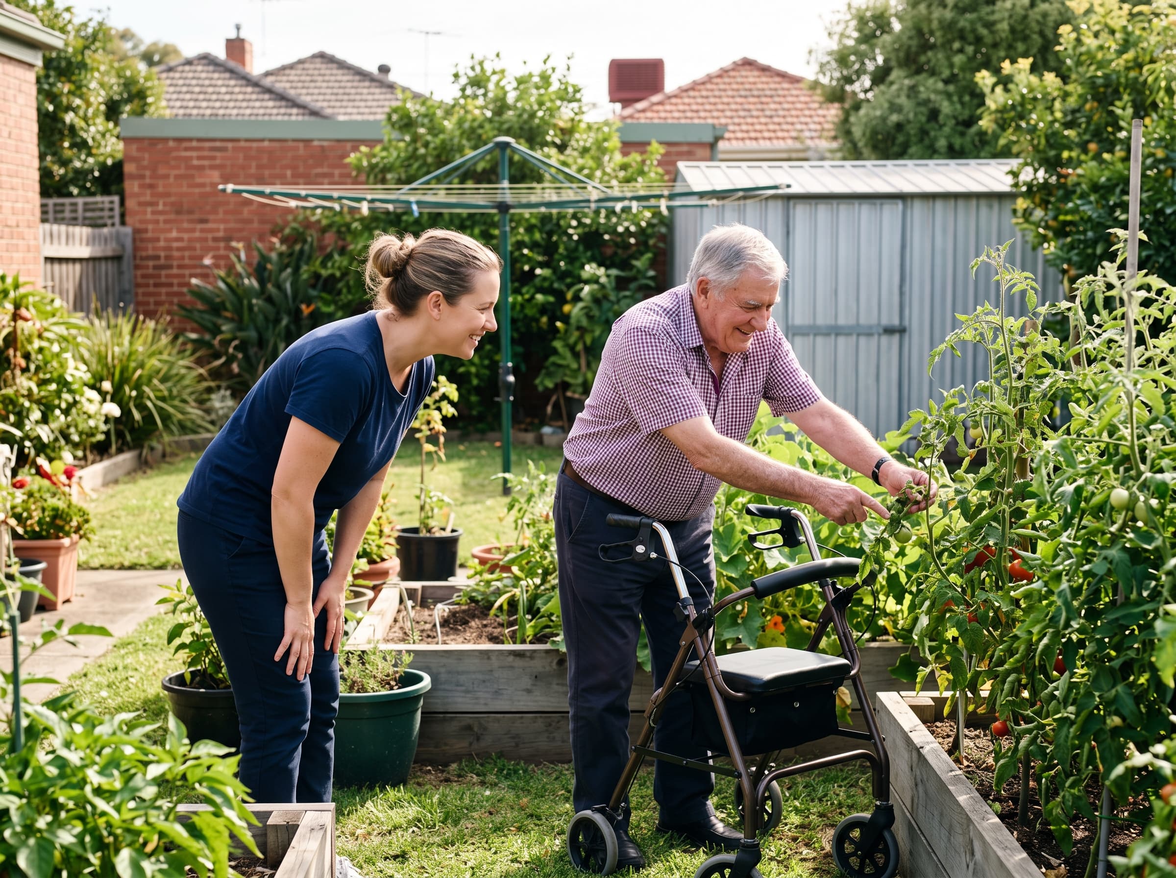 A support worker and an older man with a walking frame laughing together while tending tomatoes in a backyard garden