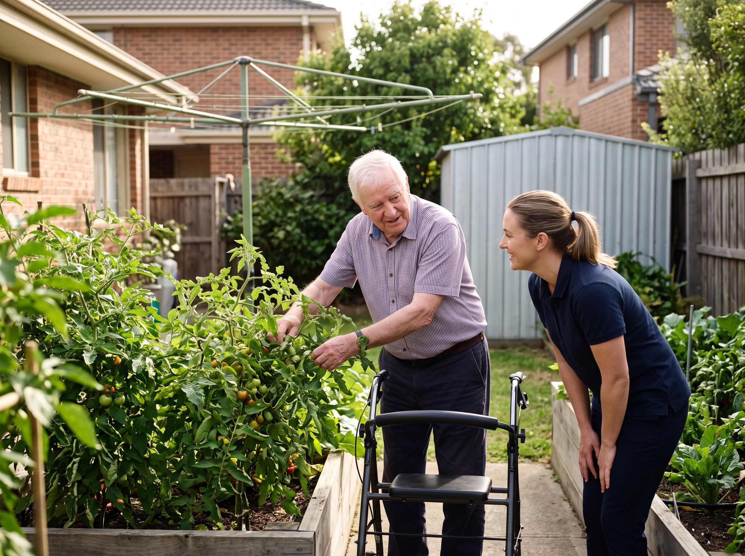 An older man with a walking frame showing his support worker the tomatoes in his garden
